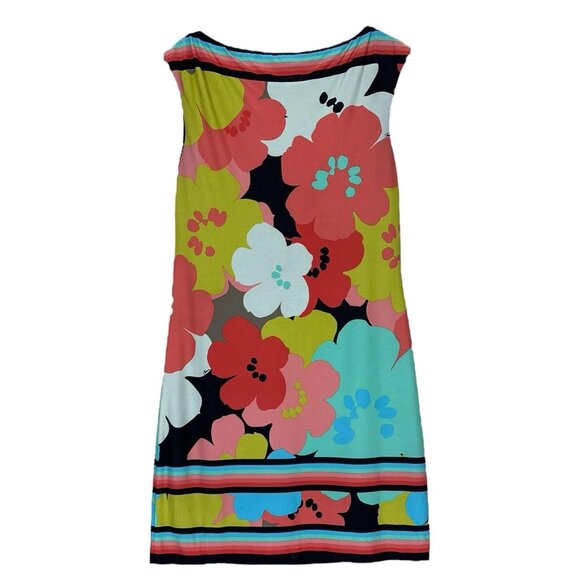 Trina Turk 60s Mod Floral Print Boat Neck Stretch Dress Black Peach Aqua Size 2 - Picture 2 of 9